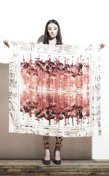 画像1: JUMA - SILK SCARF FLAMINGOS (1)